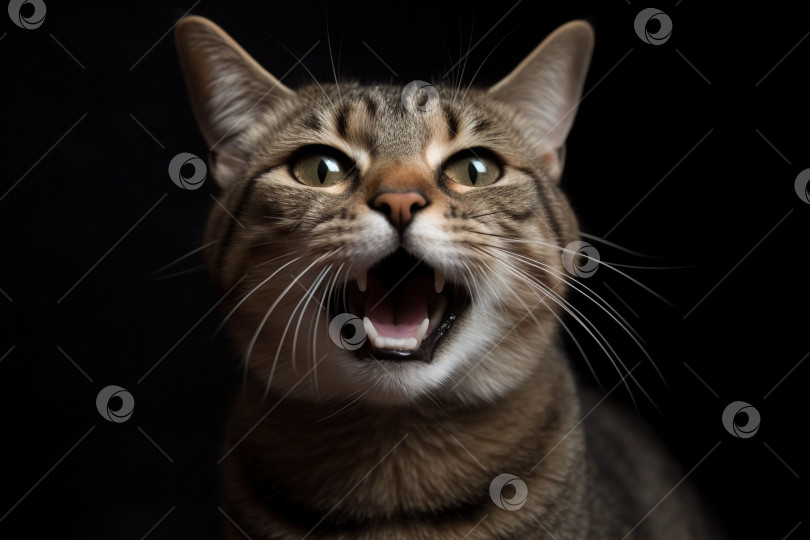 Скачать Портрет кричащего кота. Удивленный кот с открытым ртом мяукает и о чем-то просит. Сгенерированный искусственный интеллект. фотосток Ozero
