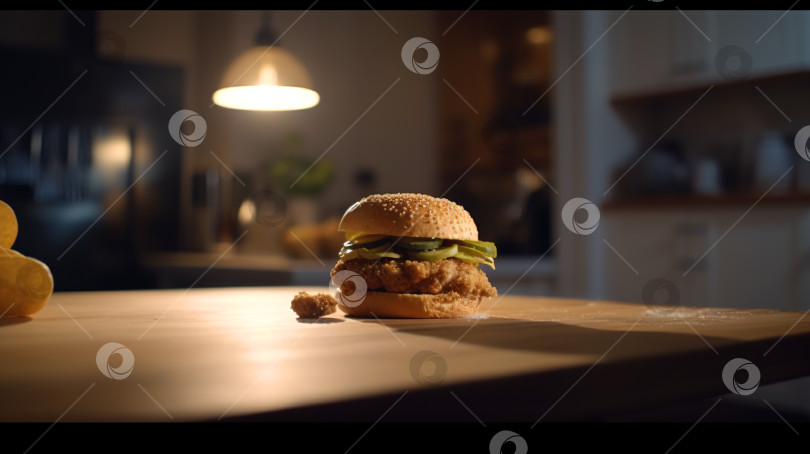 Скачать Сочный вкусный гамбургер на столе. Изображение бургера из фаст-фуда с мясом, приготовленным на гриле. Сгенерированный искусственный интеллект. фотосток Ozero