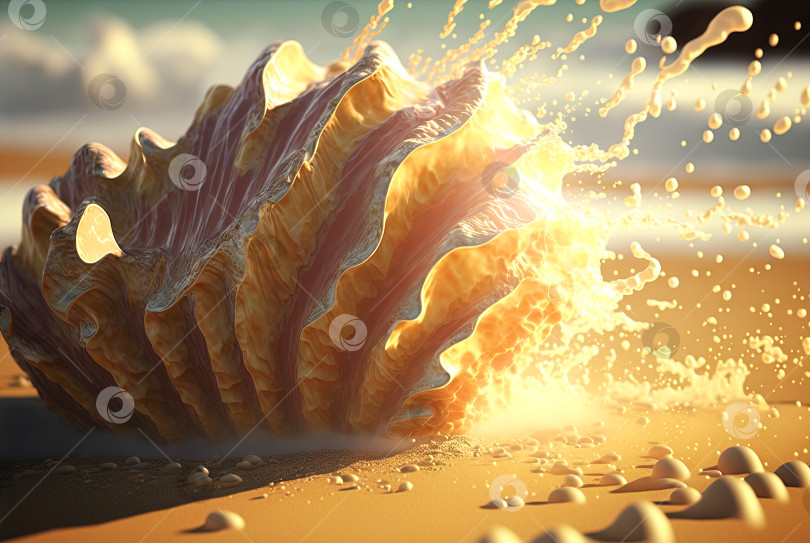Скачать Сюрреалистическая раковина на пляже. Абстрактный моллюск филигранной формы на песке. Сгенерированный искусственный интеллект. фотосток Ozero