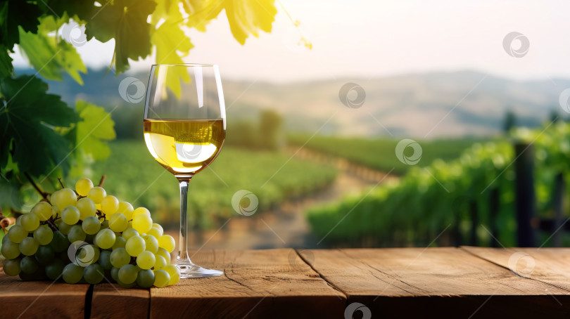 Скачать Бокал вина и гроздь винограда на фоне пейзажа с виноградниками. Созданный искусственный интеллект. фотосток Ozero