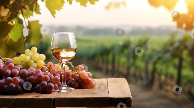 Скачать Бокал вина и гроздь винограда на фоне пейзажа с виноградниками. Созданный искусственный интеллект. фотосток Ozero