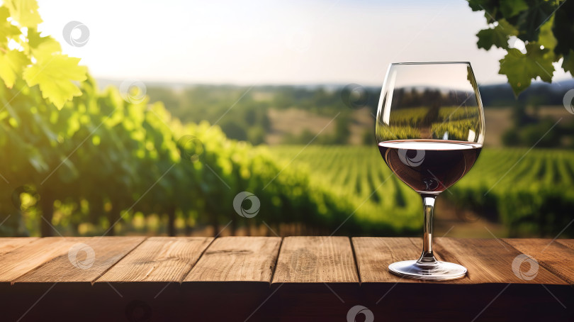 Скачать Бокал вина на фоне пейзажа с виноградниками, залитыми солнечным светом. Созданный искусственный интеллект. фотосток Ozero