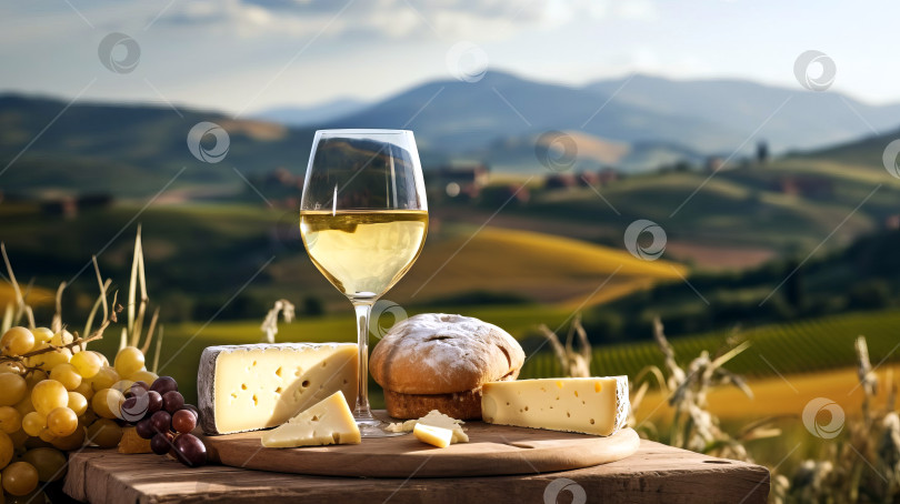 Скачать Бокал вина, сыр и гроздь винограда на фоне горного пейзажа. Созданный искусственный интеллект. фотосток Ozero