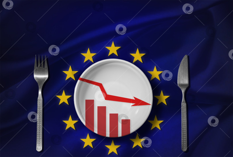 Скачать Пустая тарелка с графиком потерь на фоне флага ЕС. Глобальный кризис, проблема с продовольствием. Концептуальное послание, голод и проблема голодающих. Концепция голодной диеты фотосток Ozero