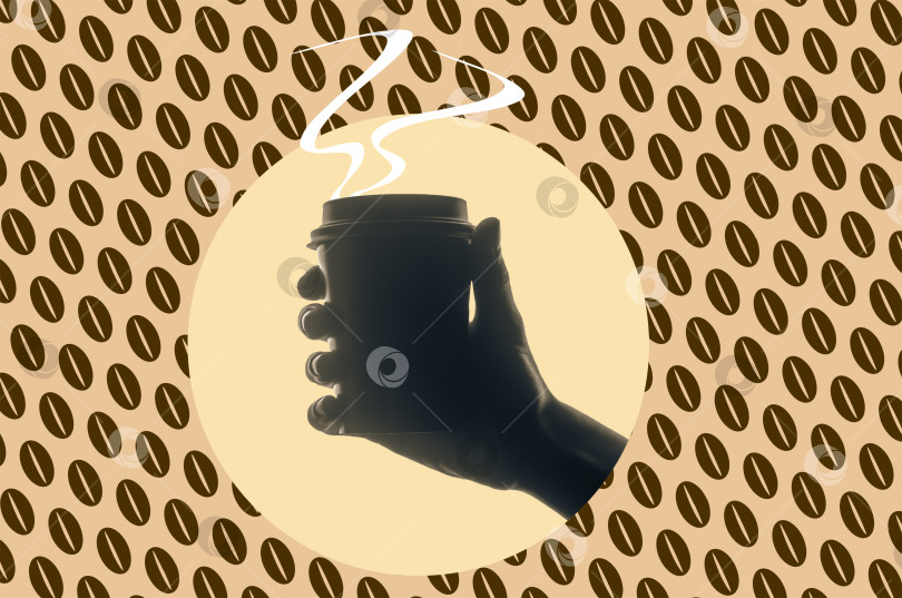 Скачать Женская рука держит стакан с кофе на фоне кофейных зерен. художественный коллаж. фотосток Ozero