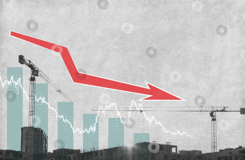 Скачать Коллаж в стиле современного искусства. Строительные краны на фоне графика потерь. Понятие кризиса в строительстве. фотосток Ozero