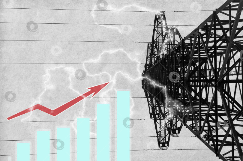 Скачать Высоковольтная башня с линиями электропередачи. Художественный коллаж с графиком роста потребления электроэнергии. Концепция энергетического мышления. фотосток Ozero