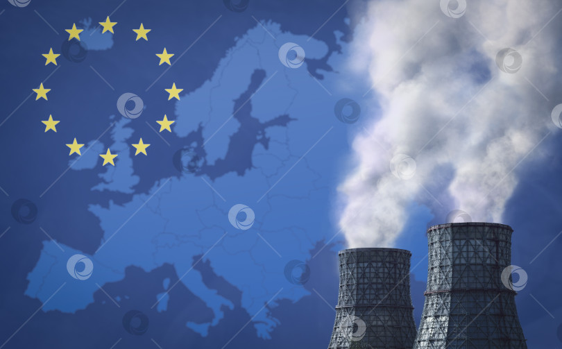 Скачать Тепловая электростанция на фоне флага Европейского Союза. Белый дым из дымоходов и карта Европы с местом для копирования. фотосток Ozero