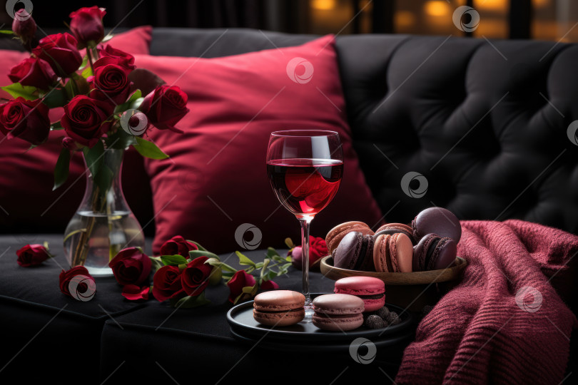 Скачать Свидание в день Святого Валентина, романтический ужин с красным вином дома. Генеративный искусственный интеллект. фотосток Ozero