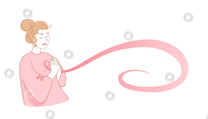 Скачать Месяц осведомленности о раке молочной железы. Девушка с розовой лентой. Векторная иллюстрация в стиле эскиза. Для веб-баннера, флаера, веб-сайта фотосток Ozero