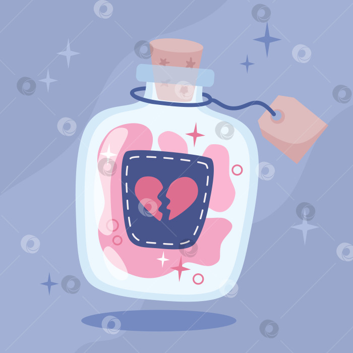 Скачать Розовое волшебное любовное зелье в стеклянной бутылочке с пробкой и этикеткой, иллюстрация в плоском мультяшном стиле. Колдовство, которое атрибутирует Хэллоуин. фотосток Ozero