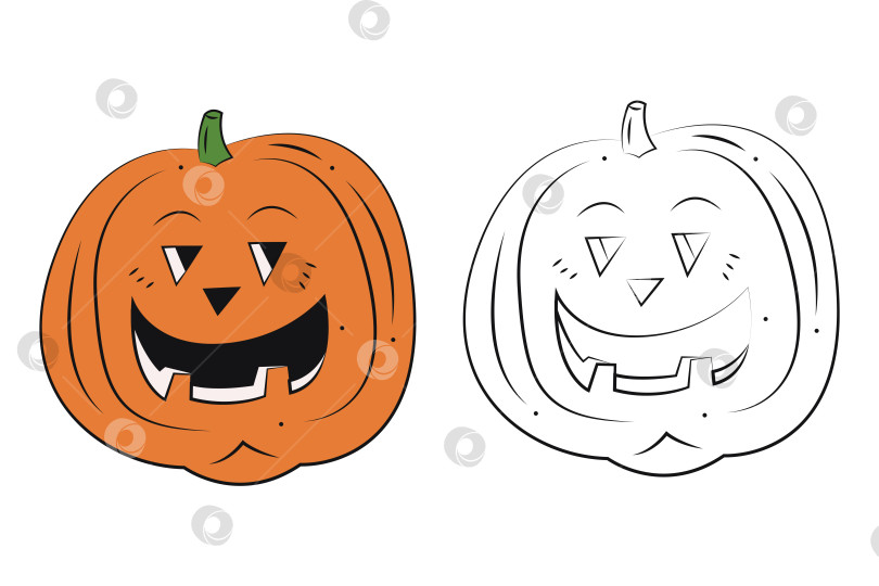 Скачать Небольшой набор из двух страшных тыкв на Хэллоуин. Цветная, черно-белая плоская векторная иллюстрация. фотосток Ozero