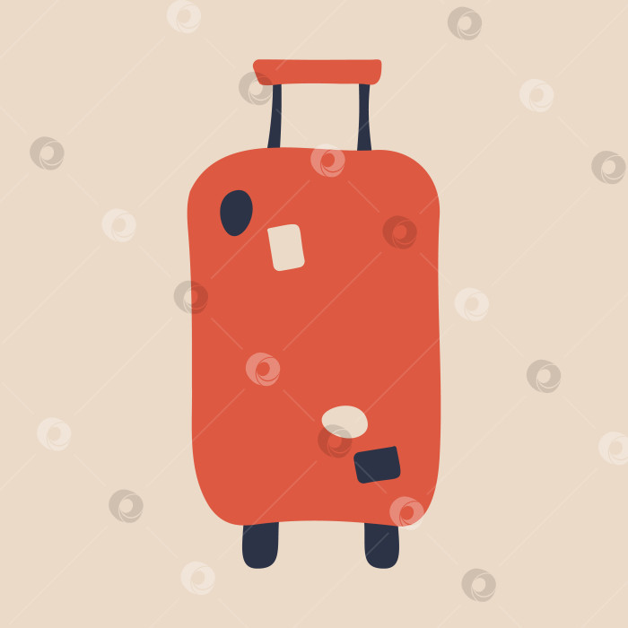 Скачать Каракулевый чемодан на колесиках с ручкой. Багаж путешественника с наклейками. Красный дорожный багаж. Изображение из трех цветов фотосток Ozero