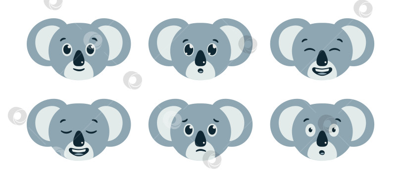 Скачать Набор эмоций милой коалы. Аватар с мордой австралийского медведя. Голова улыбающегося и удивленного животного. Грустное, расслабленное лицо фотосток Ozero
