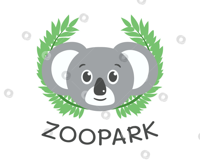 Скачать Коала в листьях эвкалипта. Логотип зоопарка. Голова австралийского медведя на ветвях. Улыбающаяся мордочка милого зверька. фотосток Ozero