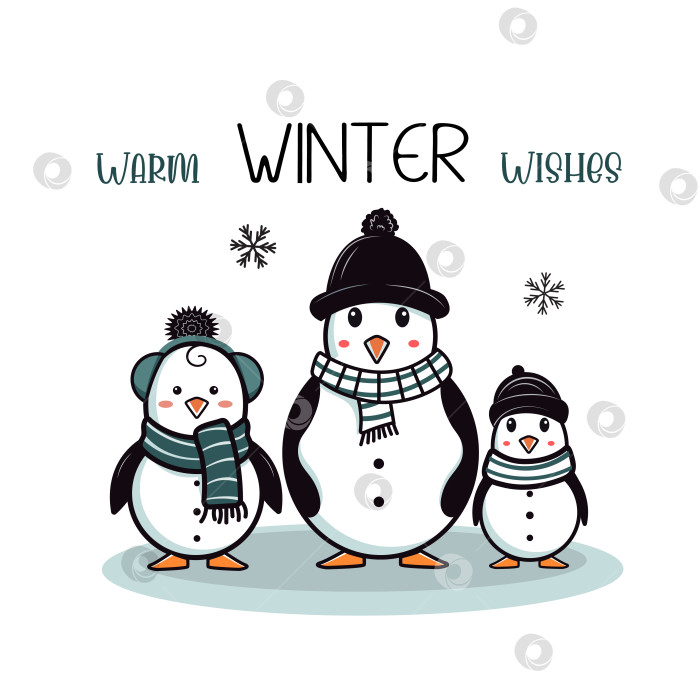 Скачать Три пингвина в теплых шарфах. Иллюстрация зимнего приветствия фотосток Ozero