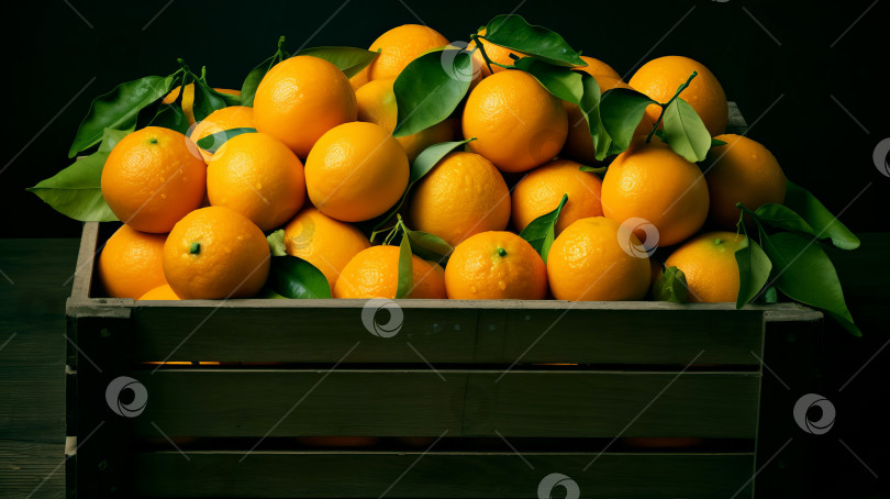 Скачать Коробка с апельсинами на черном фоне. Здоровая пища, витамин С, суперпродукт. Созданный искусственным интеллектом фотосток Ozero