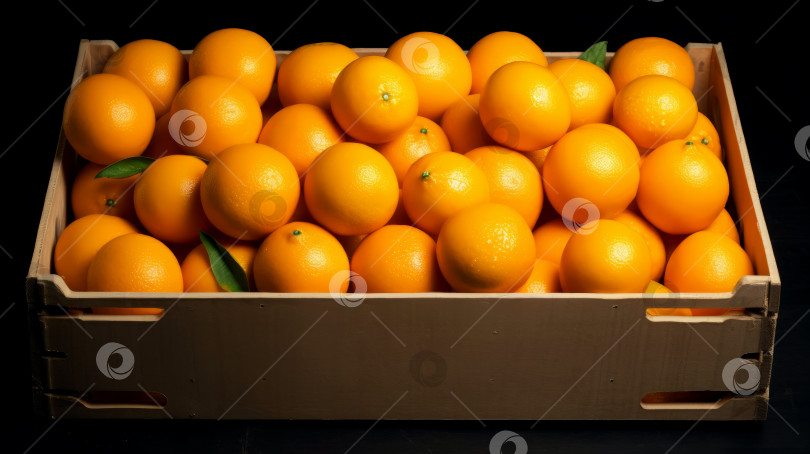 Скачать Коробка с апельсинами на черном фоне. Здоровая пища, витамин С, суперпродукт. Созданный искусственным интеллектом фотосток Ozero