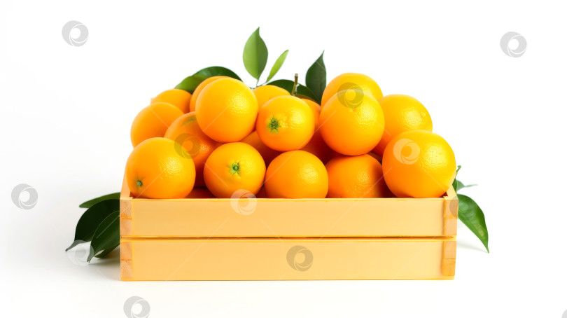 Скачать Коробка с апельсинами на белом фоне. Здоровая пища, витамин С, суперпродукт. Созданный искусственным интеллектом фотосток Ozero