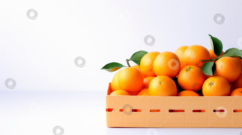 Скачать Коробка с апельсинами на белом фоне. Здоровая пища, витамин С, суперпродукт. Созданный искусственным интеллектом фотосток Ozero