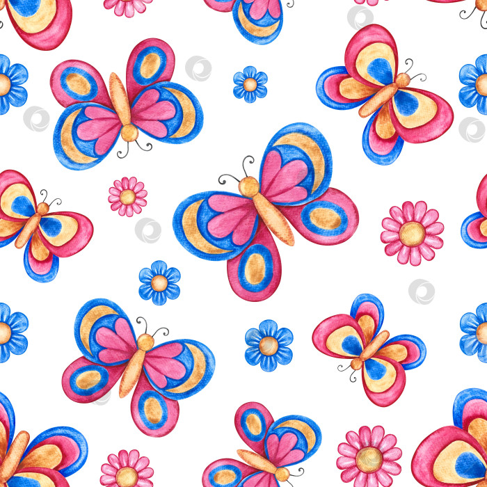 Скачать Детский бесшовный узор с бабочками и цветами. Акварельная иллюстрация ручной работы. Для упаковочной бумаги, текстиля, детской одежды, поздравительных открыток, этикеток и упаковок. Для фона фотосток Ozero