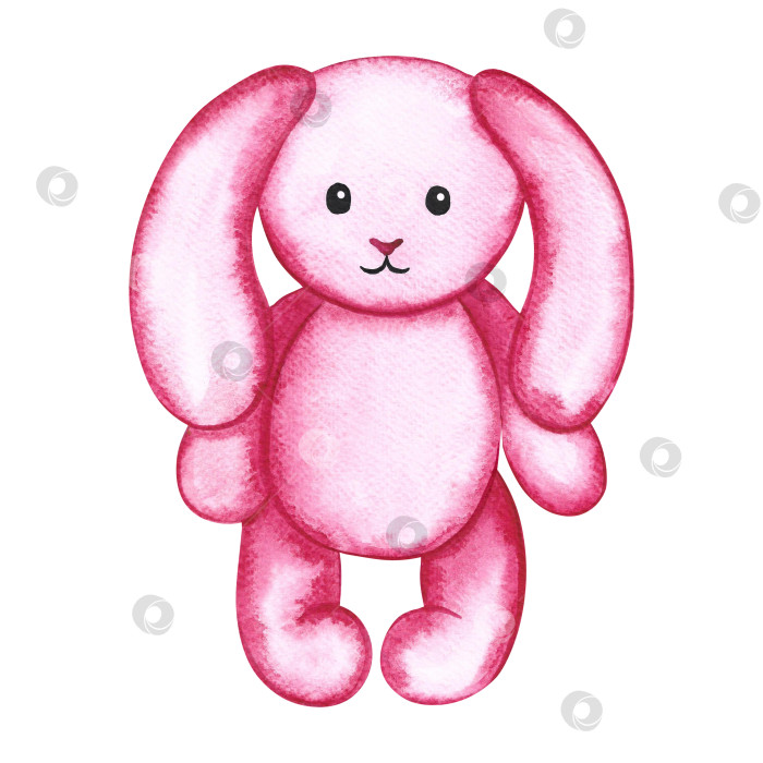 Скачать Милый плюшевый розовый кролик. Забавная детская игрушка. Изолировать. Акварельная иллюстрация ручной работы. Для оформления детских книг, открыток и флаеров. Для этикеток упаковки детских товаров. фотосток Ozero