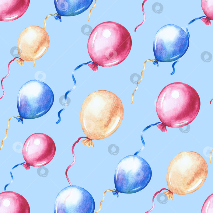 Скачать Бесшовный узор с праздничными разноцветными воздушными шарами. На синем фоне. Акварельная иллюстрация ручной работы. Для упаковочной бумаги, текстиля, поздравительных открыток, этикеток, упаковок. Для праздничных украшений. фотосток Ozero
