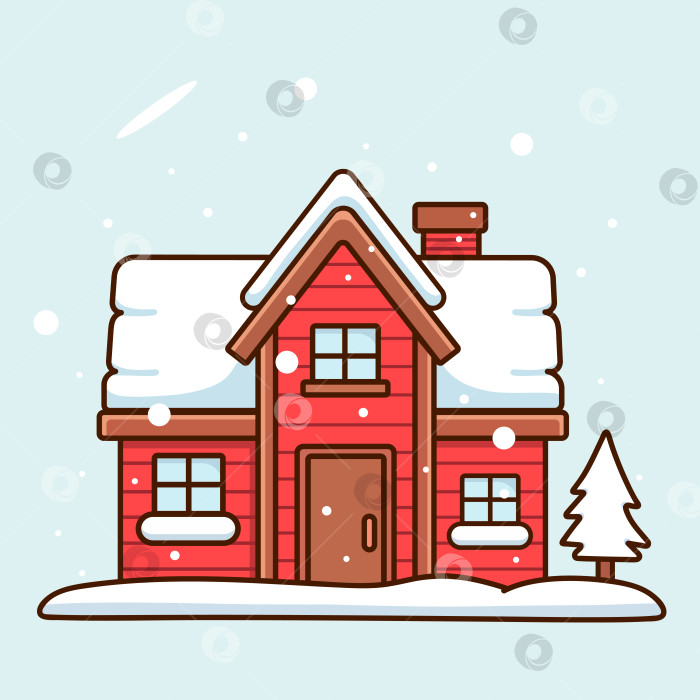 Скачать Поздравительная рождественская открытка с красным домиком и рождественской елкой. Зимний комфорт фотосток Ozero