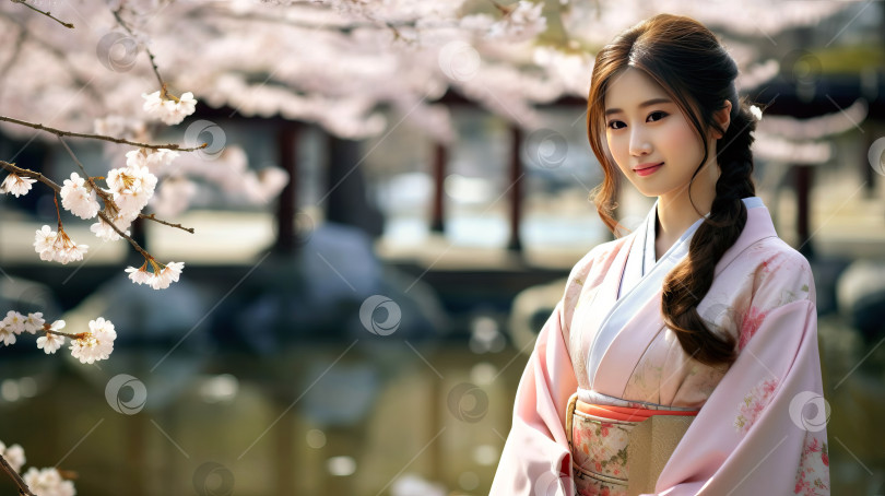 Скачать Привлекательная взрослая женщина из Японии на фоне сада с цветущей сакурой в традиционном национальном костюме. Созданный искусственный интеллект. фотосток Ozero