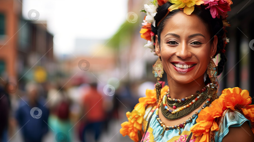 Скачать Красивая улыбающаяся девушка из Колумбии в традиционной национальной одежде на фоне городской улицы. Созданный искусственным интеллектом фотосток Ozero