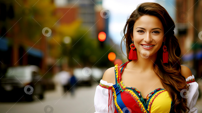 Скачать Красивая улыбающаяся девушка из Колумбии в традиционной национальной одежде на фоне городской улицы. Созданный искусственным интеллектом фотосток Ozero