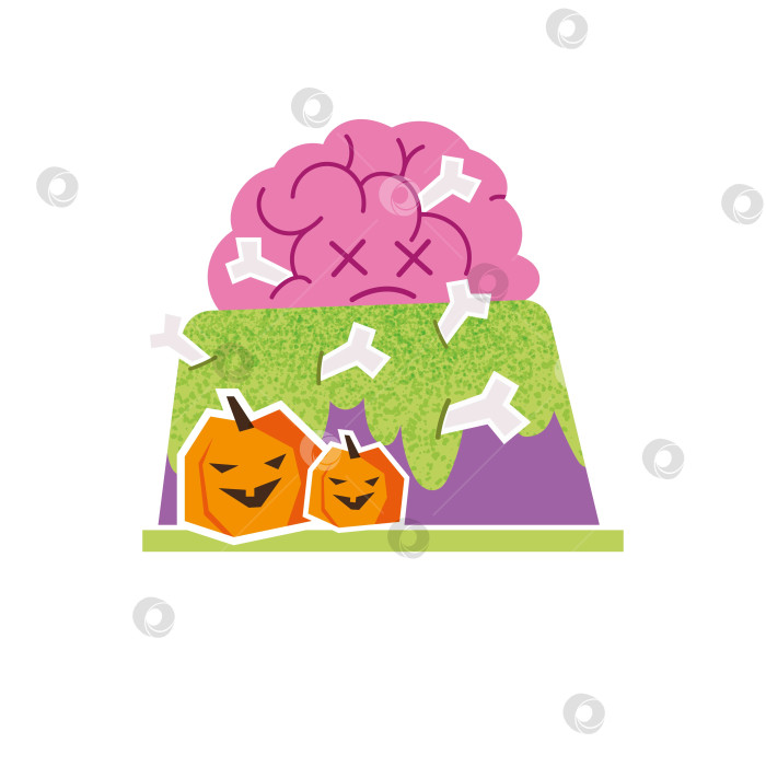 Скачать Торт, украшенный мозгами и тыквами. Иллюстрация сладкого страшного угощения для зомби.  Страшная еда на Хэллоуин. фотосток Ozero
