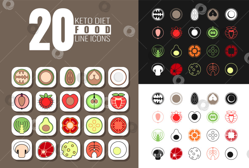 Скачать Набор из двадцати линейных значков продуктов для кето-диеты. Это предназначено для веб-приложений и мобильных устройств фотосток Ozero