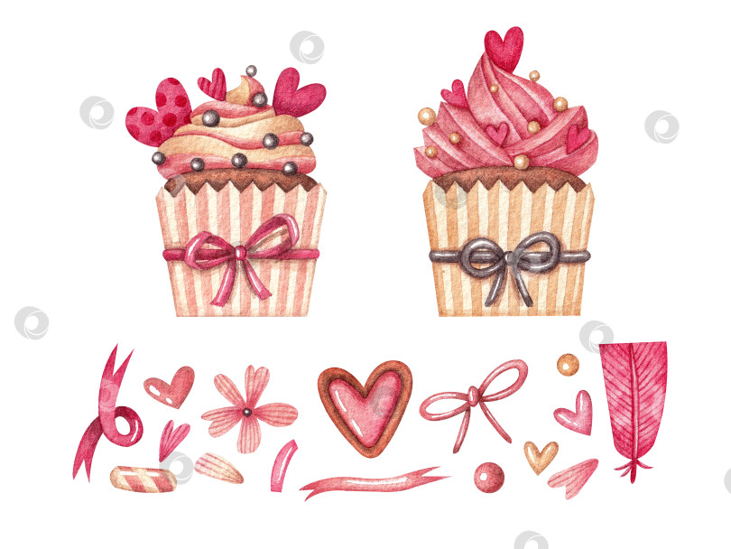 Скачать Коллекция с кексами и милыми элементами для Дня Святого Валентина. фотосток Ozero