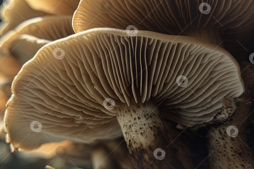 Скачать Абстрактный белый гриб. Большой гриб с грибными пластинками крупным планом. Сгенерированный искусственный интеллект. фотосток Ozero