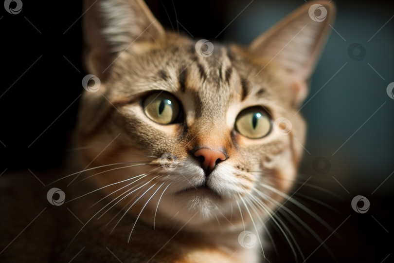 Скачать Портрет милой кошки, пристально смотрящей на него. Красивый котенок, смотрящий вглубь. Сгенерированный искусственный интеллект. фотосток Ozero