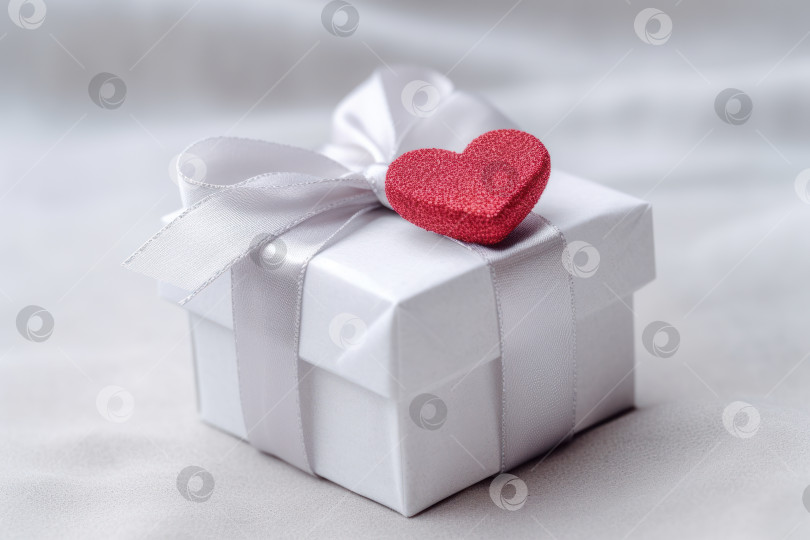 Скачать Белая подарочная коробка на День Святого Валентина, украшенная красным сердечком. Порождающий искусственный интеллект фотосток Ozero