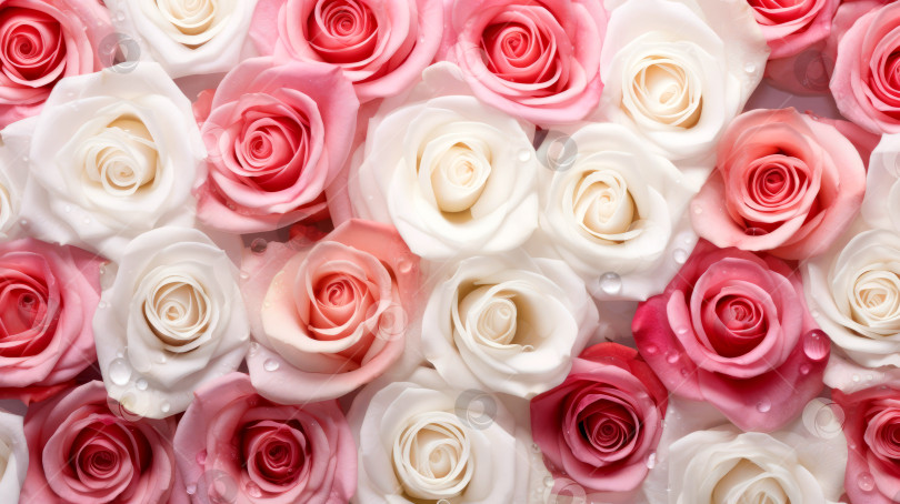 Скачать Фон из розовых и белых свежих роз. Созданный искусственным интеллектом фотосток Ozero