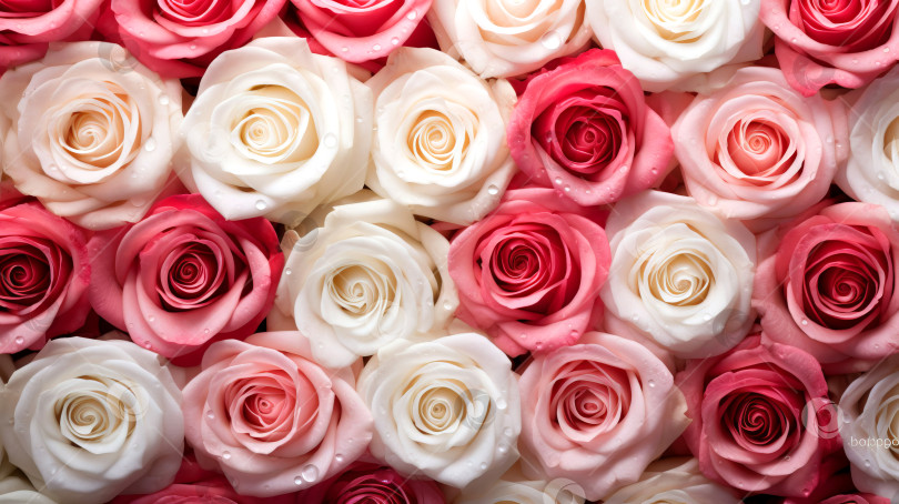 Скачать Фон из розовых и белых свежих роз. Созданный искусственным интеллектом фотосток Ozero