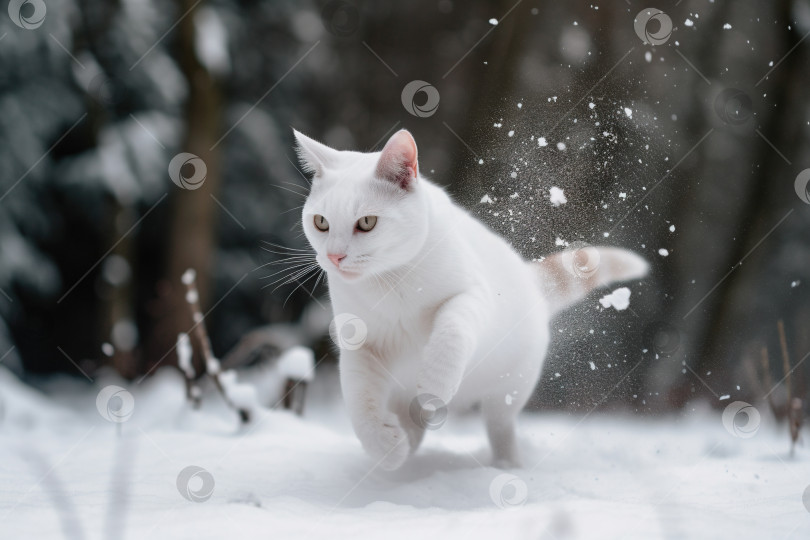 Скачать Кошка играет в снегу в зимнее время года. Милый котенок развлекается с белым снегом. Сгенерированный искусственный интеллект. фотосток Ozero