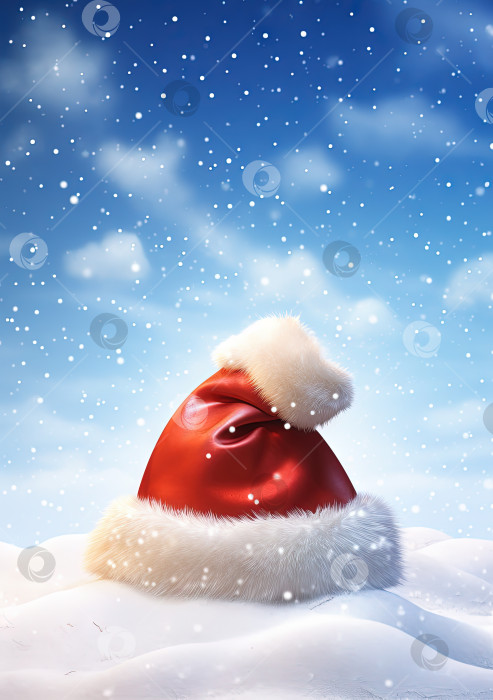 Скачать Шляпа Санты на снегу для празднования Рождества. Открытка на зимние праздники с шапкой Санты. Сгенерированный искусственный интеллект. фотосток Ozero