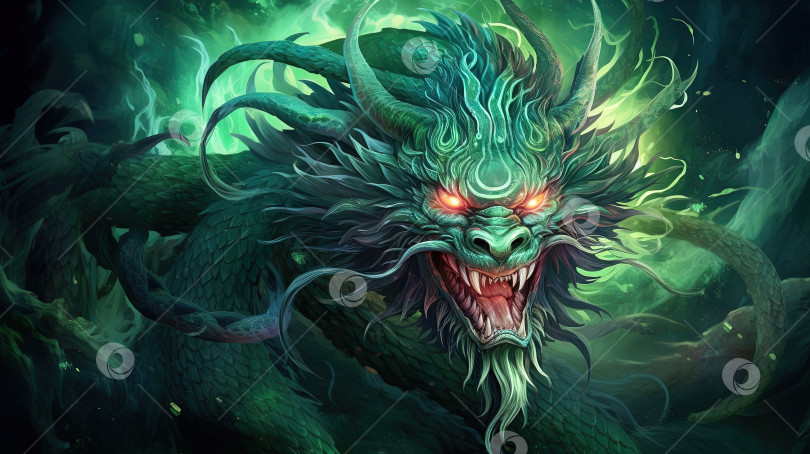 Скачать Зеленый дракон, таинственное чудовище из сказок и символ 2024 лунного года по китайскому календарю. Сгенерированный искусственный интеллект. фотосток Ozero