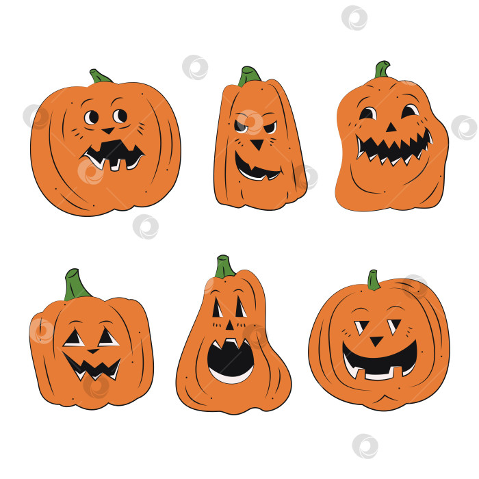 Скачать Набор из 6 страшных тыкв на Хэллоуин. Цветная плоская векторная иллюстрация. фотосток Ozero