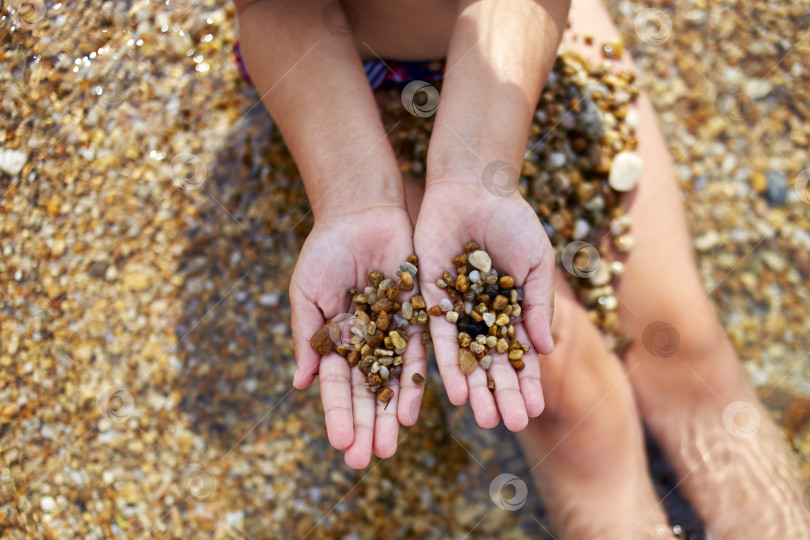 Скачать Ребенок сидит на пляже и держит в руках камешки. Отдых на море, водные развлечения. фотосток Ozero