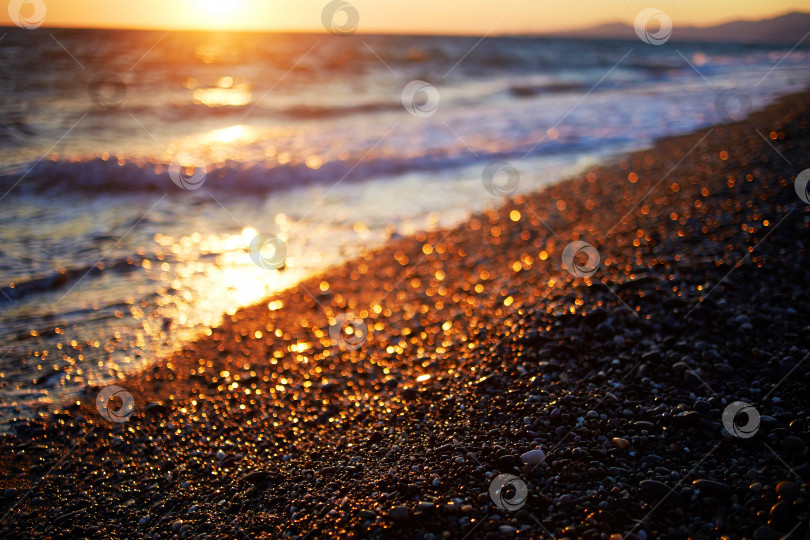 Скачать Галечный морской пляж на закате. Размытый фон фотосток Ozero