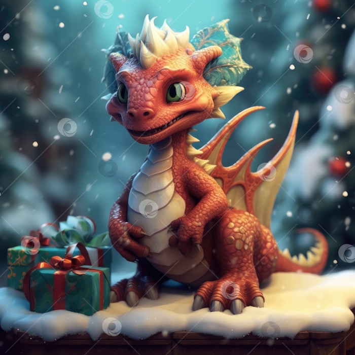 Скачать Китайский Новый год Дракона 2024. Новогодний плакат с мультяшным 3d драконом на фоне рождественской елки фотосток Ozero
