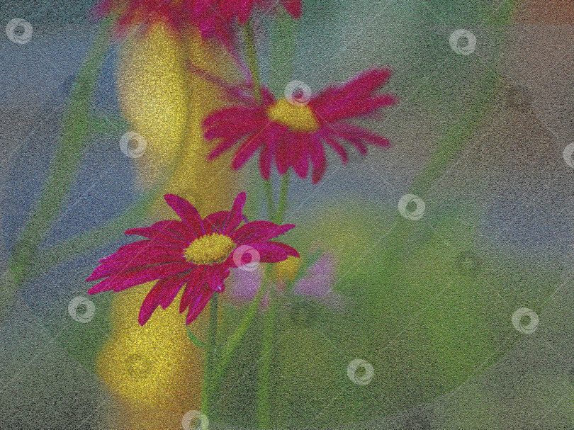 Скачать Размытые красные цветы маргаритки на зеленовато-голубоватом фоне. Антуражная открытка. фотосток Ozero