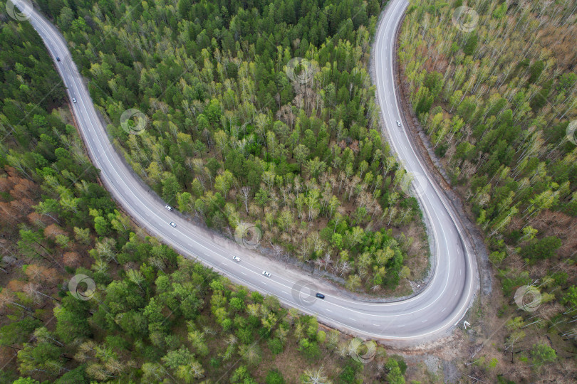 Скачать Вид с высоты птичьего полета на серпантин шоссе. Машины едут по дороге через весенний лес фотосток Ozero