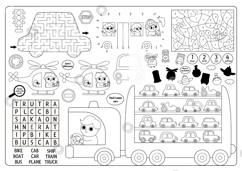 Скачать Векторная транспортировочная салфетка. Коврик для занятий транспортной линией с лабиринтом, головоломкой для поиска слов, совпадением теней, поиском отличий. Черно-белый игровой коврик, меню, раскраска с машинками фотосток Ozero