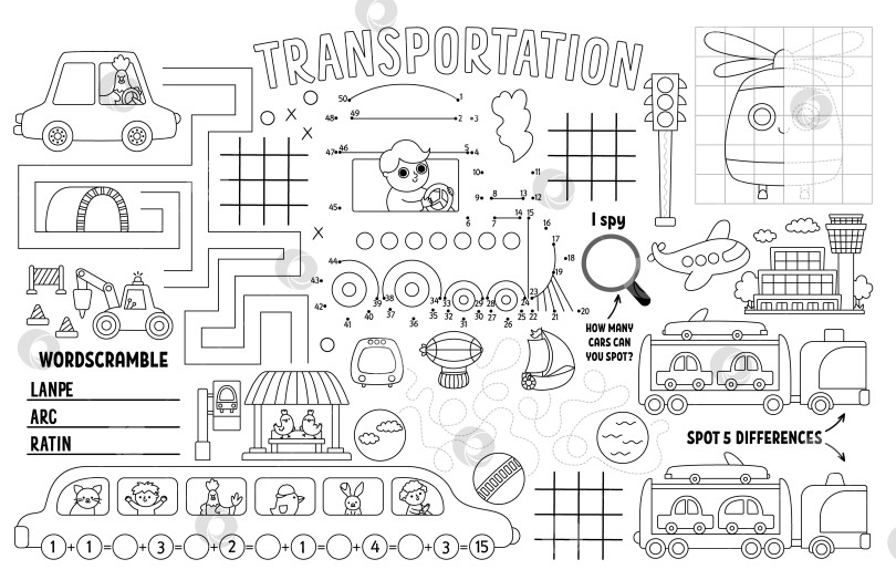 Скачать Векторная транспортная салфетка для детей. Транспортный коврик для активного отдыха с лабиринтом, таблицей крестиков-ноликов, соедини точки, найди отличия. Черно-белый игровой коврик, раскраска с автомобилем, поездом, самолетом фотосток Ozero